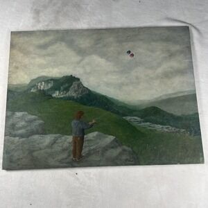 Boy Flying Kite Mountain Landscape Original Painting Canvas Panel‎ Fredrix 18x24